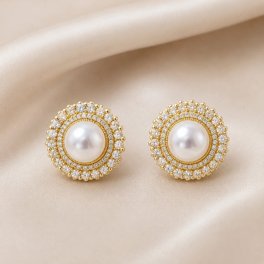 Baroque pearl halo stud earrings with gold-tone and crystal-style detailing