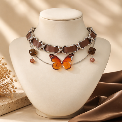 Sculpted Butterfly Choker Necklace Amber Brown display