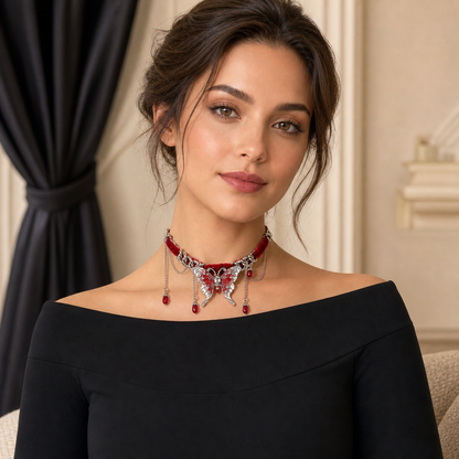 Adult model wearing Sculpted Butterfly Choker Necklace in Velvet Crimson
