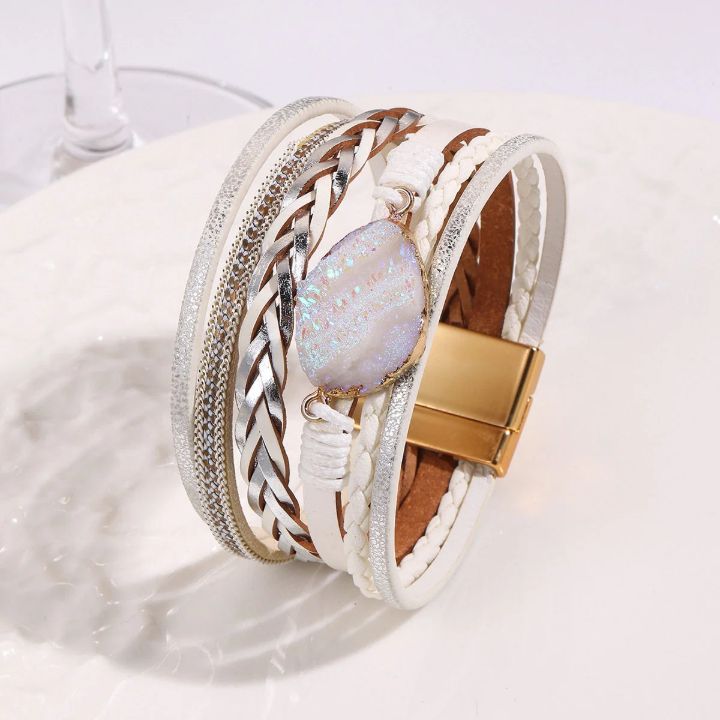 Pearl White Iridescent Stone Layered Leather Bracelet