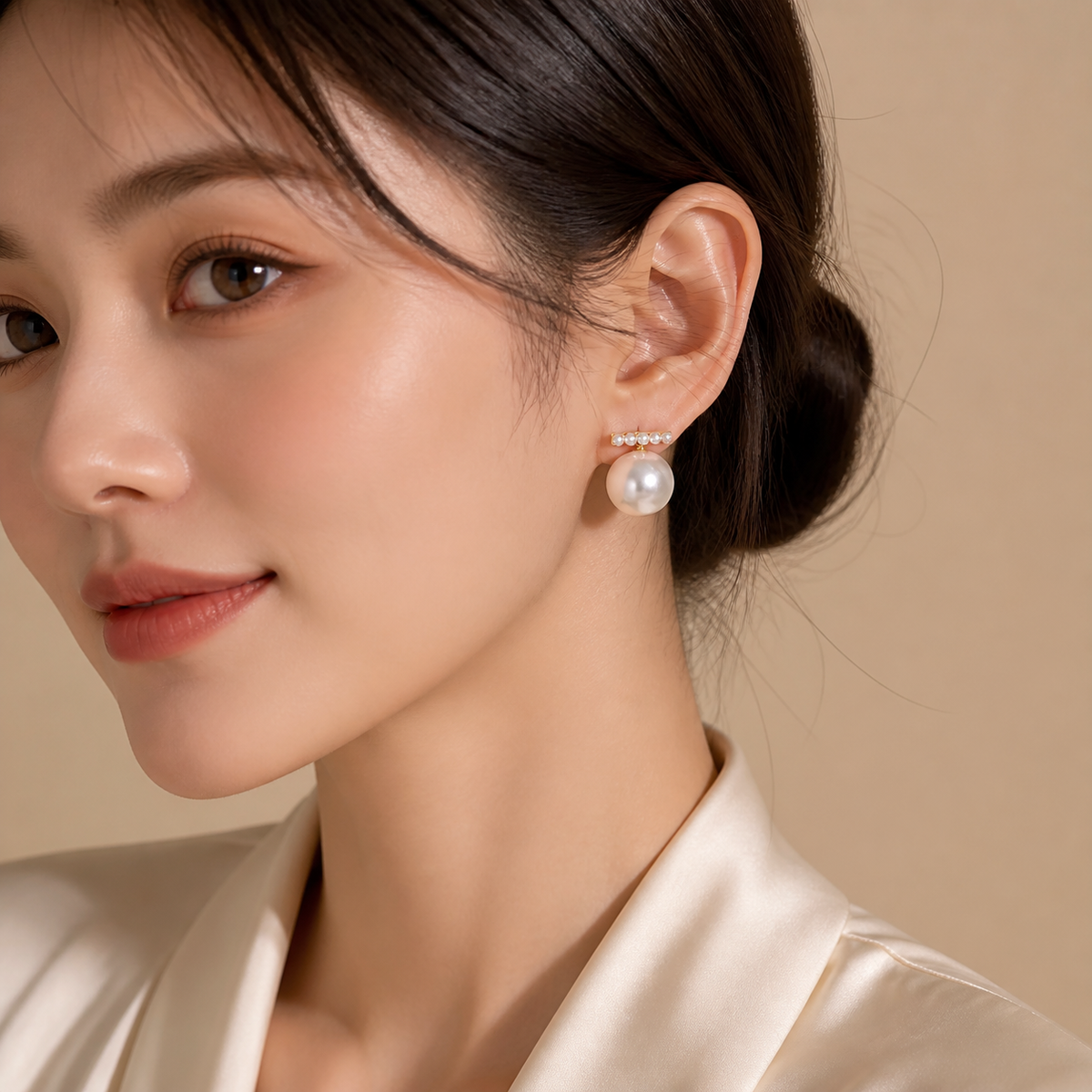 Woman wearing pearl bar drop earrings